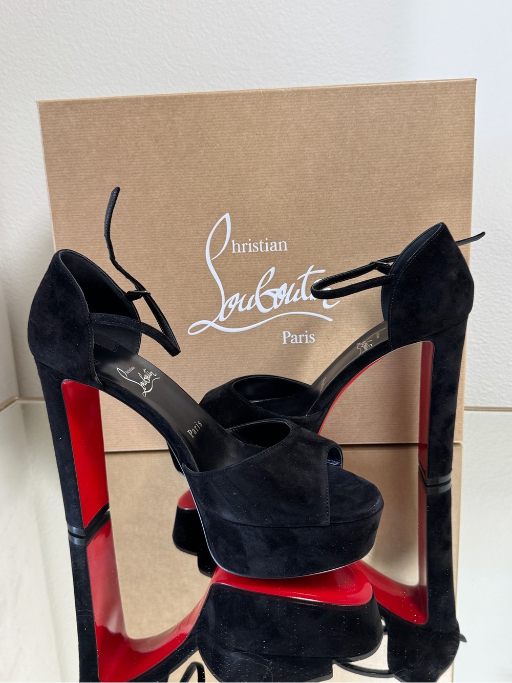Christian Louboutin Black Suede Peep-Toe Platform Sandals with Red Sole